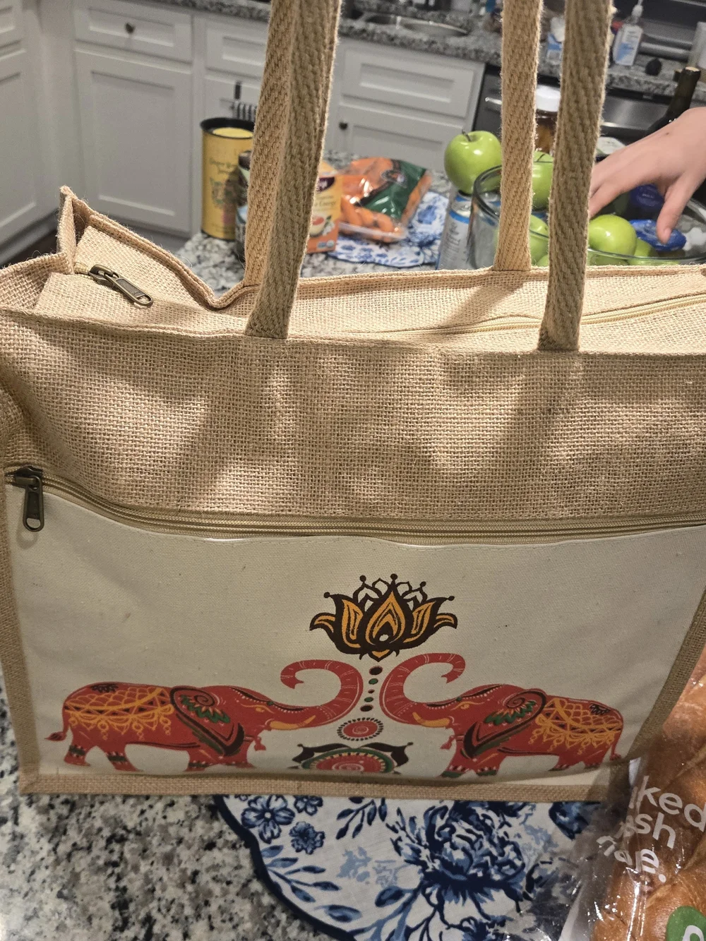 Canvas Jute Tote Bag with Red And Lotus Elephant Print